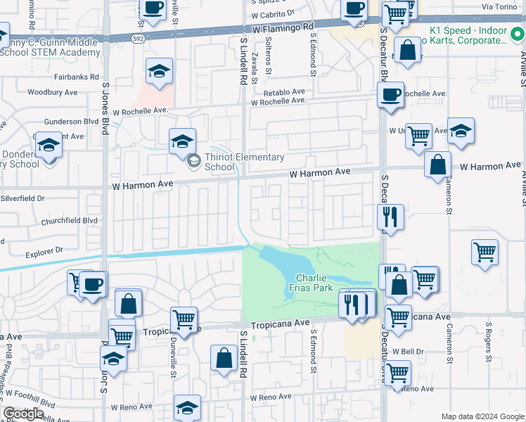 map of restaurants, bars, coffee shops, grocery stores, and more near 5415 West Harmon Avenue in Las Vegas