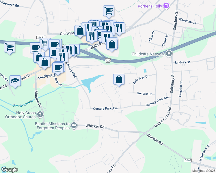 map of restaurants, bars, coffee shops, grocery stores, and more near 300 Brookside Court in Kernersville