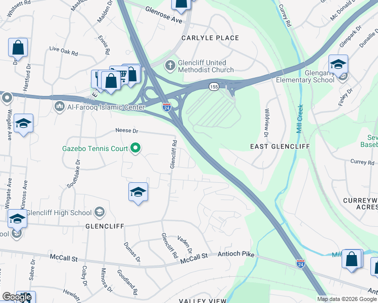 map of restaurants, bars, coffee shops, grocery stores, and more near 3134 Glencliff Road in Nashville