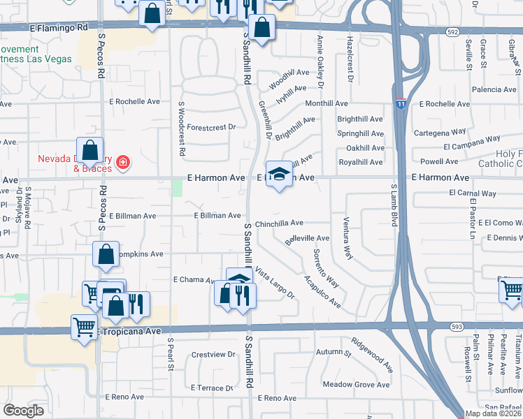 map of restaurants, bars, coffee shops, grocery stores, and more near 3875 East Harmon Avenue in Las Vegas
