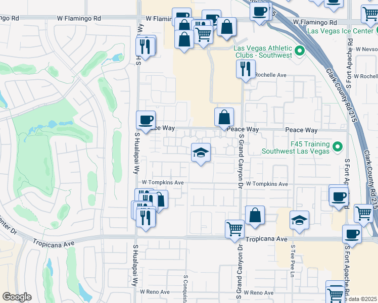 map of restaurants, bars, coffee shops, grocery stores, and more near 10001 Peace Way in Las Vegas
