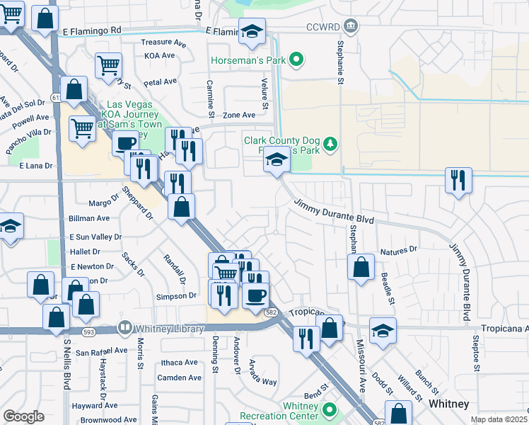 map of restaurants, bars, coffee shops, grocery stores, and more near 4525 Jimmy Durante Boulevard in Las Vegas