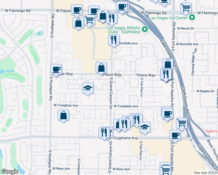 map of restaurants, bars, coffee shops, grocery stores, and more near 9975 Peace Way in Las Vegas