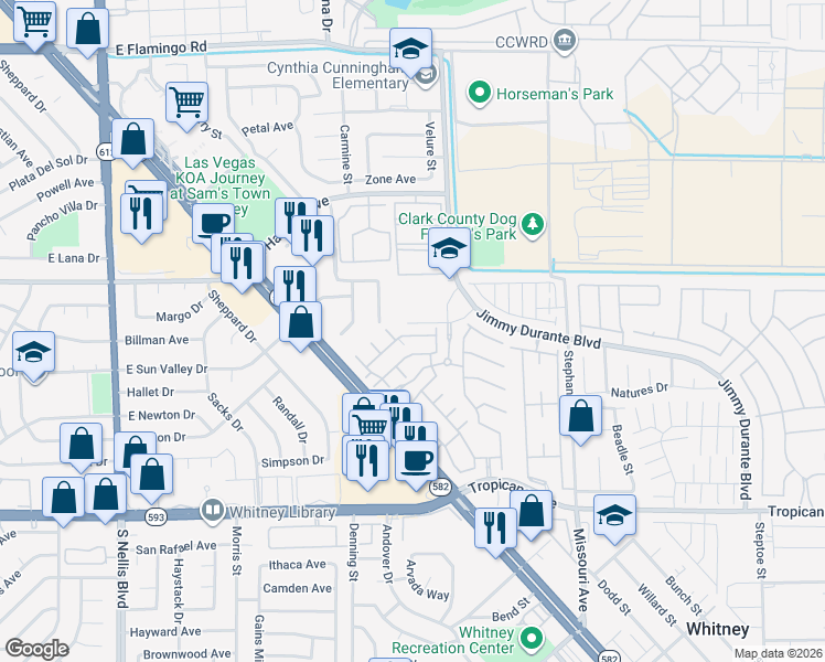 map of restaurants, bars, coffee shops, grocery stores, and more near 4525 Jimmy Durante Boulevard in Las Vegas