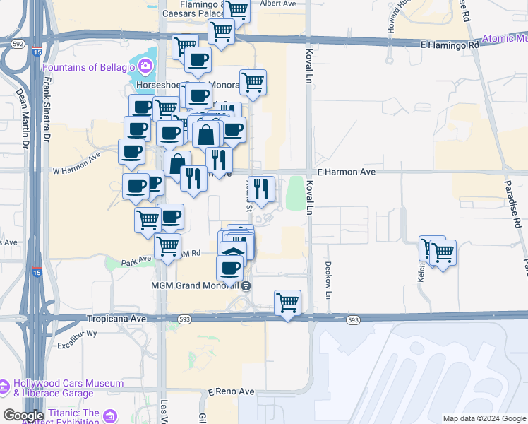 map of restaurants, bars, coffee shops, grocery stores, and more near 145 East Harmon Avenue in Las Vegas
