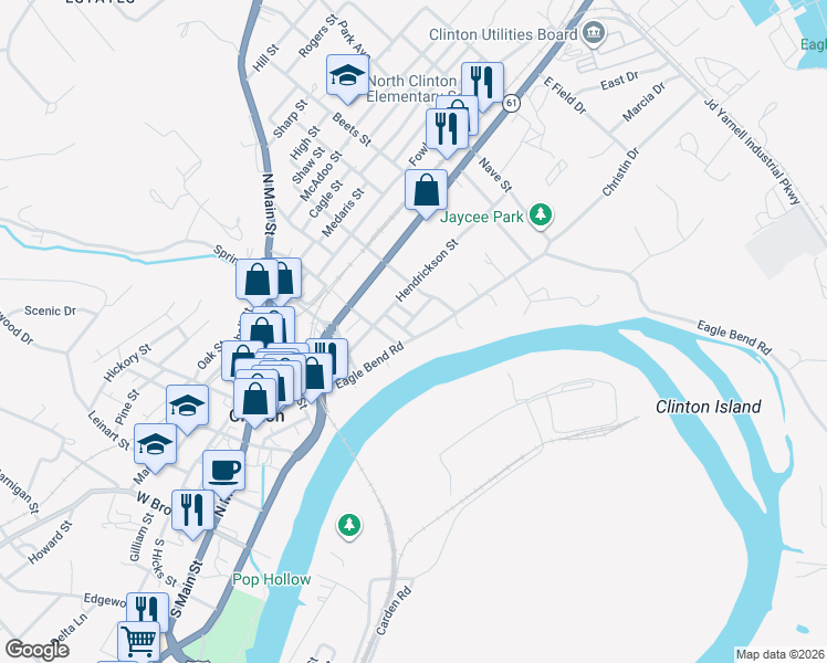 map of restaurants, bars, coffee shops, grocery stores, and more near 309 Lewallen Street in Clinton