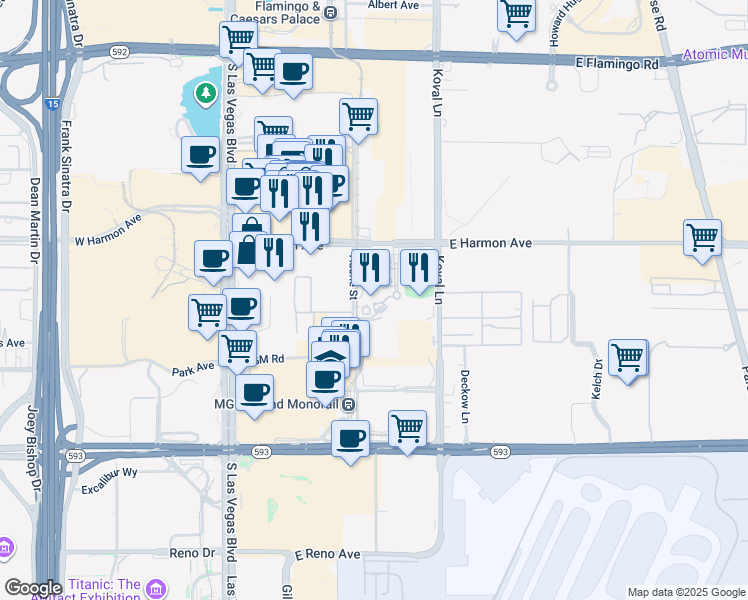 map of restaurants, bars, coffee shops, grocery stores, and more near 145 East Harmon Avenue in Las Vegas