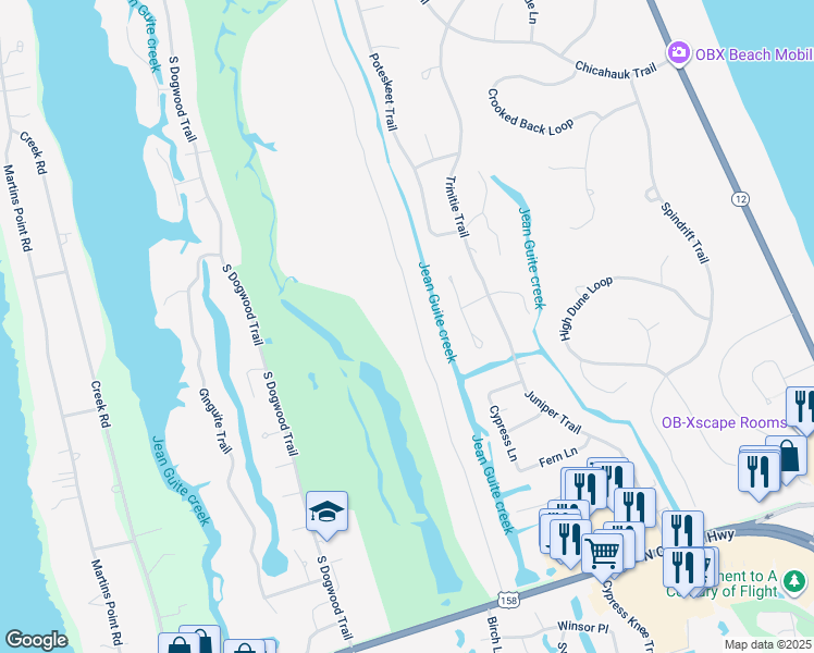 map of restaurants, bars, coffee shops, grocery stores, and more near 69 Duck Woods Drive in Kitty Hawk