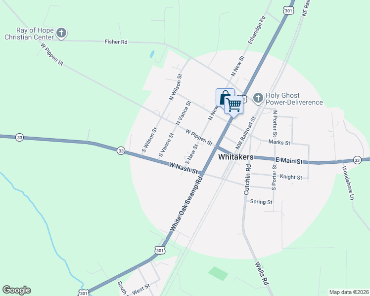 map of restaurants, bars, coffee shops, grocery stores, and more near 301 West Pippen Street in Whitakers