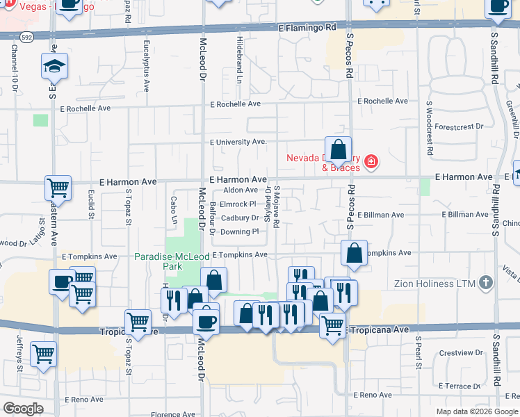 map of restaurants, bars, coffee shops, grocery stores, and more near 3153 Elmrock Place in Las Vegas