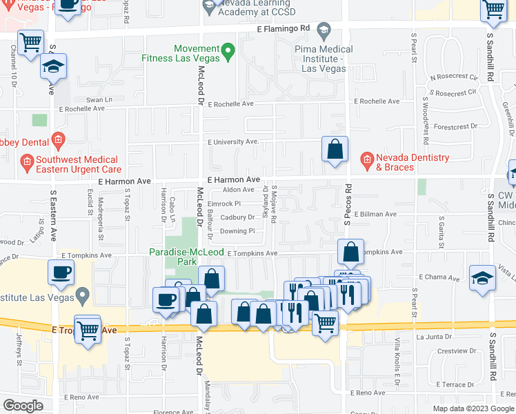 map of restaurants, bars, coffee shops, grocery stores, and more near 3153 Elmrock Place in Las Vegas