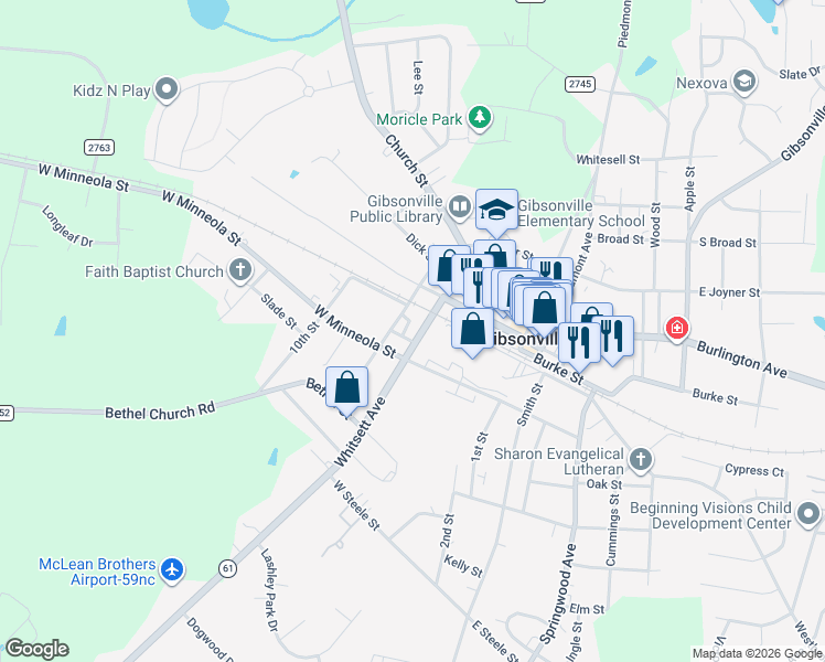 map of restaurants, bars, coffee shops, grocery stores, and more near 405 West Railroad Avenue in Gibsonville