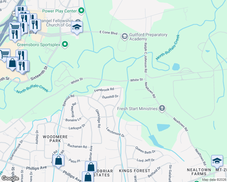 map of restaurants, bars, coffee shops, grocery stores, and more near 2515 Fernbrook Road in Greensboro