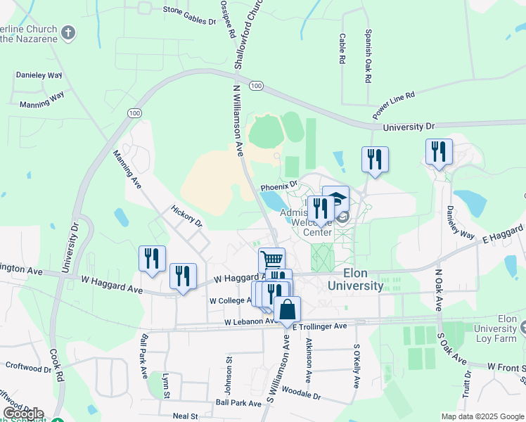 map of restaurants, bars, coffee shops, grocery stores, and more near 601 North Williamson Avenue in Elon