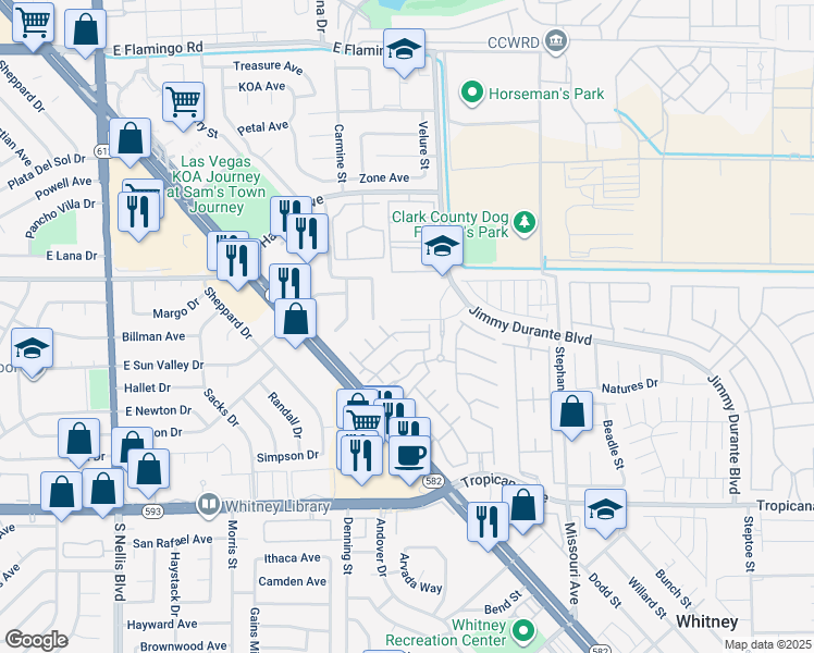 map of restaurants, bars, coffee shops, grocery stores, and more near 5512 East Jackpot Winner Lane in Las Vegas