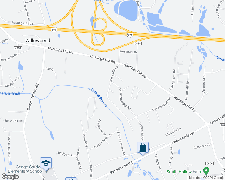 map of restaurants, bars, coffee shops, grocery stores, and more near 413 Water Mill Court in Kernersville