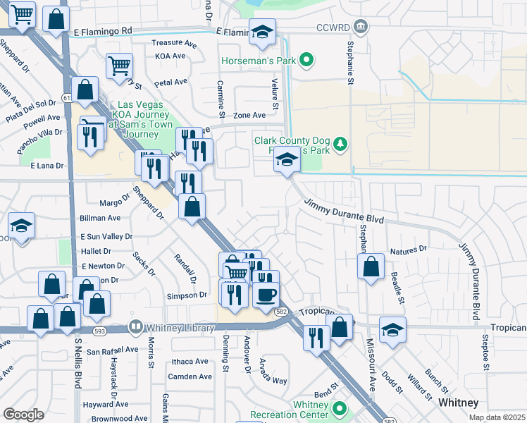 map of restaurants, bars, coffee shops, grocery stores, and more near 4525 Jimmy Durante Boulevard in Las Vegas