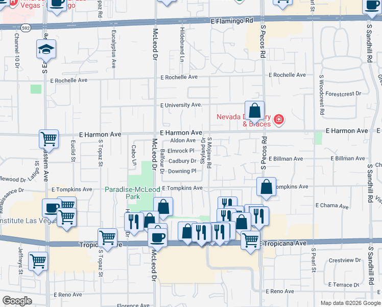 map of restaurants, bars, coffee shops, grocery stores, and more near 3122 Elmrock Place in Las Vegas