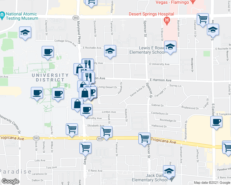 map of restaurants, bars, coffee shops, grocery stores, and more near 1511 Living Desert Drive in Las Vegas