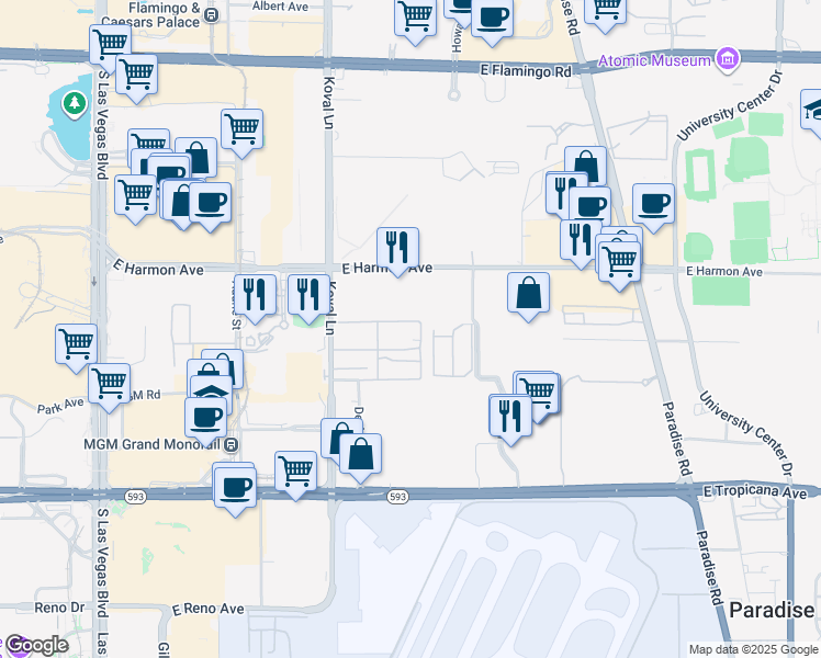 map of restaurants, bars, coffee shops, grocery stores, and more near 4640 Koval Lane in Las Vegas
