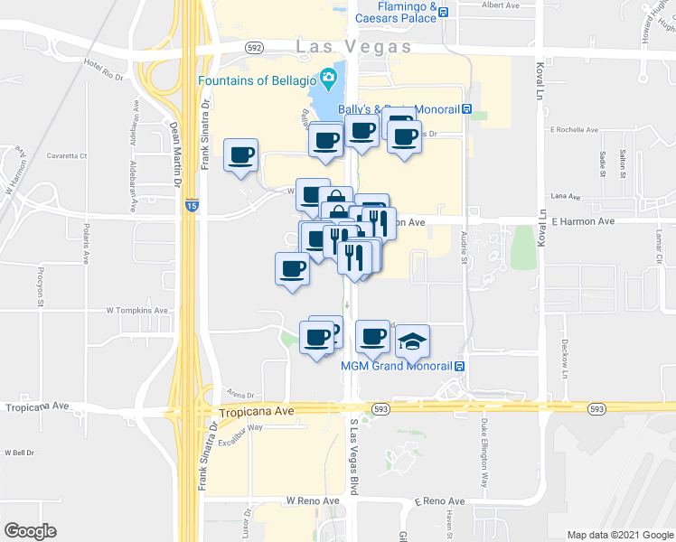 map of restaurants, bars, coffee shops, grocery stores, and more near 3752 South Las Vegas Boulevard in Las Vegas