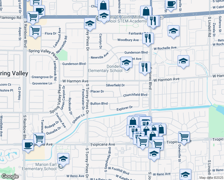 map of restaurants, bars, coffee shops, grocery stores, and more near 6323 Silverfield Drive in Las Vegas