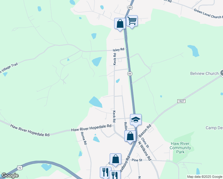 map of restaurants, bars, coffee shops, grocery stores, and more near 710 Keck Road in Haw River