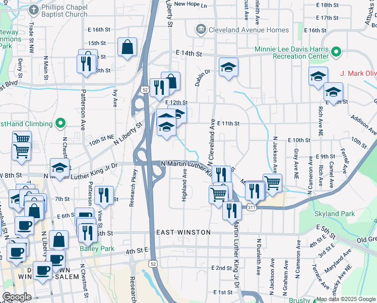 map of restaurants, bars, coffee shops, grocery stores, and more near 910 Highland Court in Winston-Salem