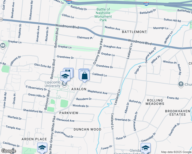 map of restaurants, bars, coffee shops, grocery stores, and more near 1104 Caldwell Lane in Nashville
