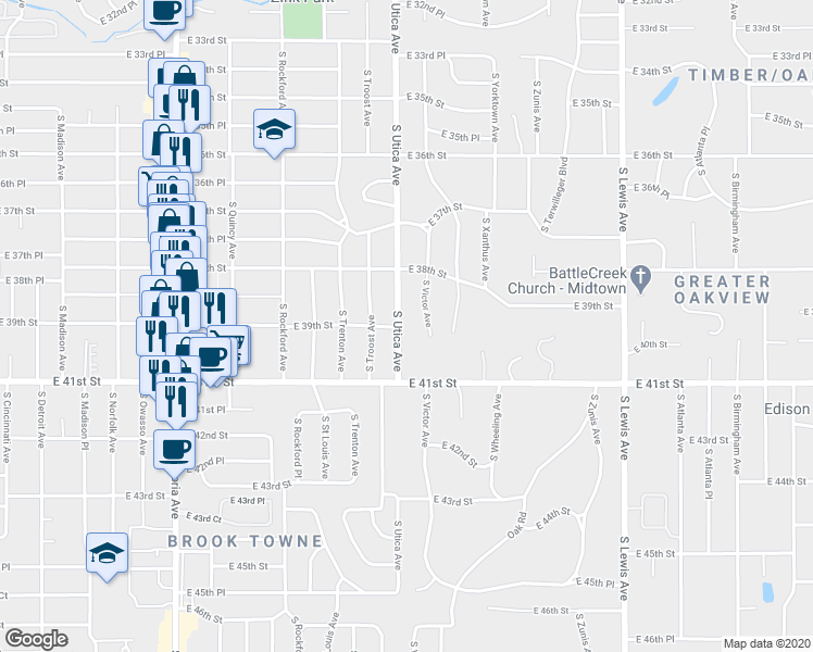 map of restaurants, bars, coffee shops, grocery stores, and more near 3842 South Utica Avenue in Tulsa