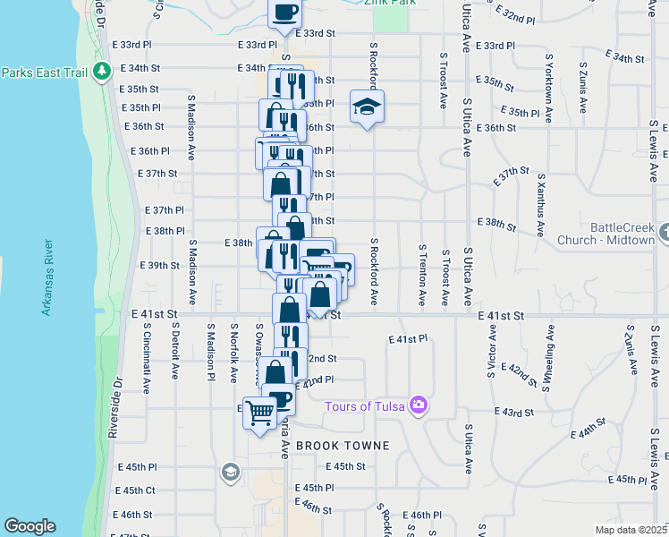 map of restaurants, bars, coffee shops, grocery stores, and more near 1408 East 38th Street in Tulsa