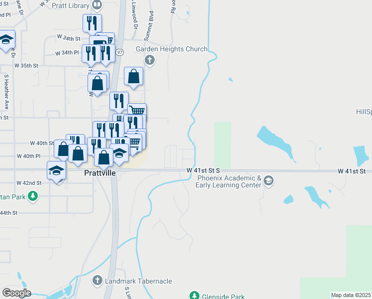 map of restaurants, bars, coffee shops, grocery stores, and more near 325 East 40th Street in Sand Springs