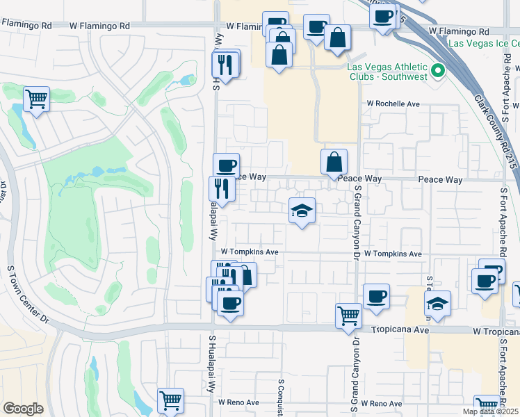 map of restaurants, bars, coffee shops, grocery stores, and more near 10001 Peace Way in Las Vegas