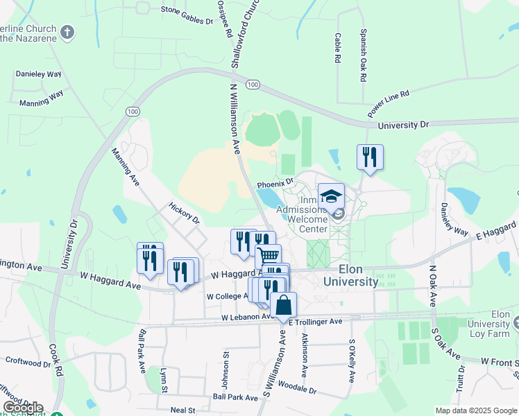 map of restaurants, bars, coffee shops, grocery stores, and more near 601-699 North Williamson Avenue in Elon