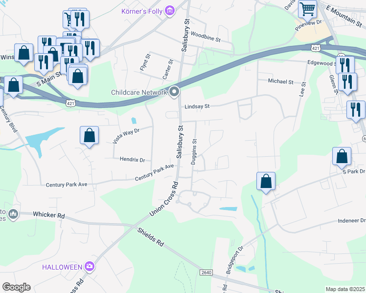 map of restaurants, bars, coffee shops, grocery stores, and more near 1021 Salisbury Street in Kernersville
