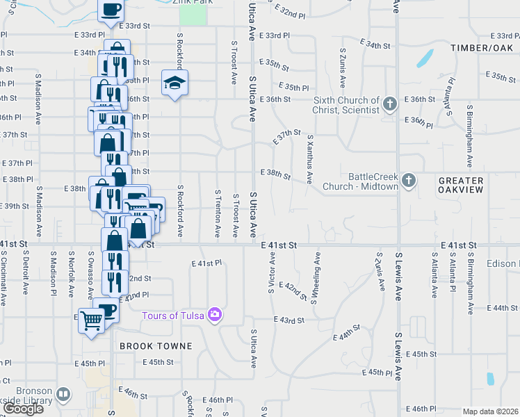 map of restaurants, bars, coffee shops, grocery stores, and more near 3842 South Utica Avenue in Tulsa
