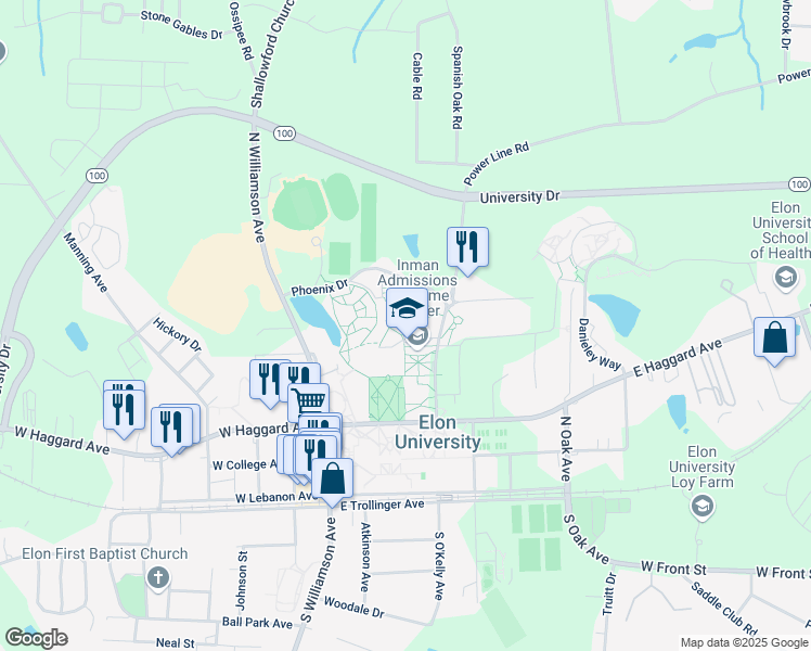 map of restaurants, bars, coffee shops, grocery stores, and more near 3211 Bill Loy Drive in Elon
