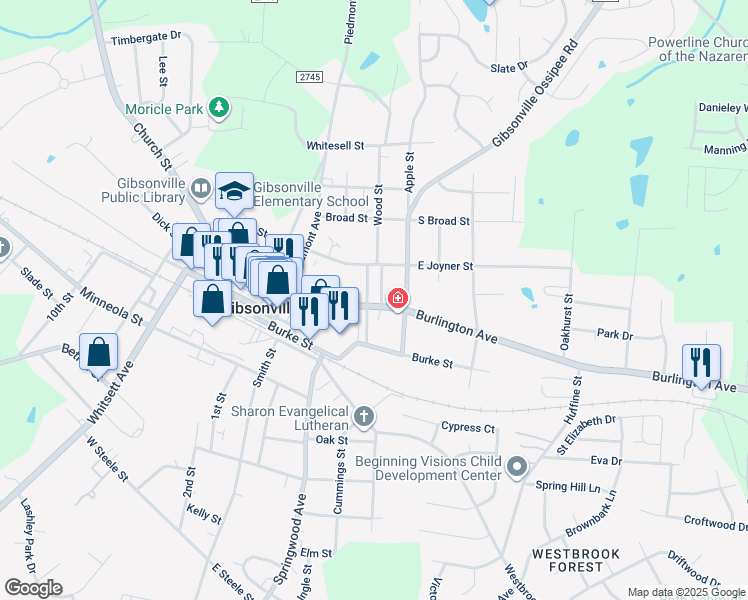 map of restaurants, bars, coffee shops, grocery stores, and more near 200 Sharon Street in Gibsonville
