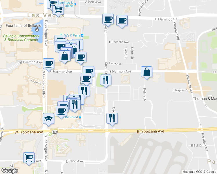 map of restaurants, bars, coffee shops, grocery stores, and more near 4587 Koval Lane in Las Vegas