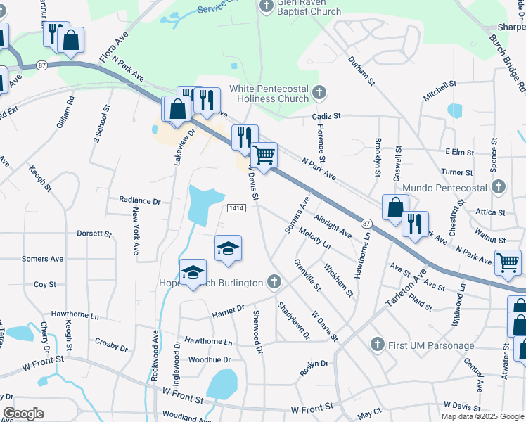 map of restaurants, bars, coffee shops, grocery stores, and more near 1727 Melody Lane in Burlington