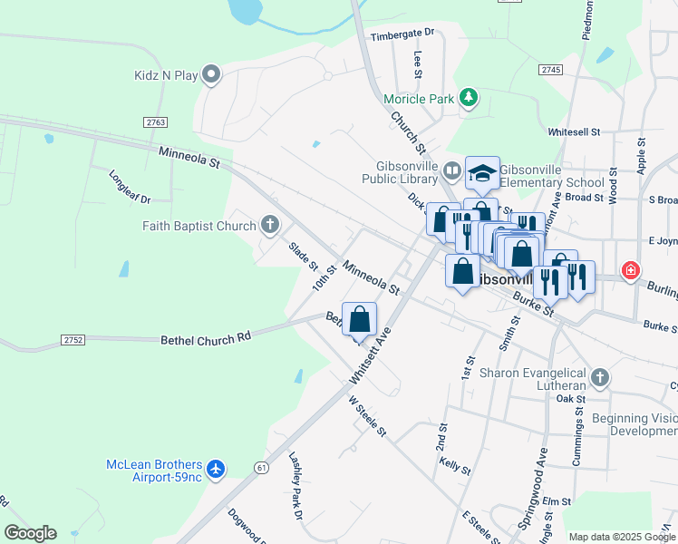 map of restaurants, bars, coffee shops, grocery stores, and more near 405 10th Street in Gibsonville