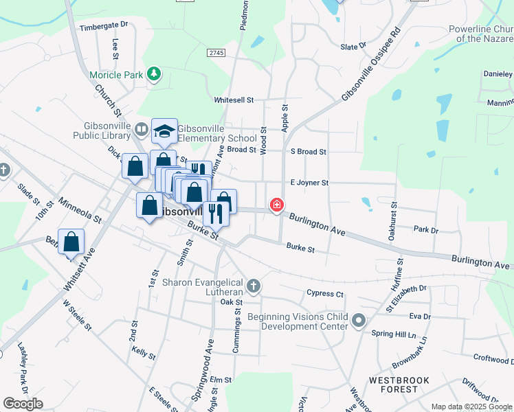 map of restaurants, bars, coffee shops, grocery stores, and more near 200 Sharon Street in Gibsonville