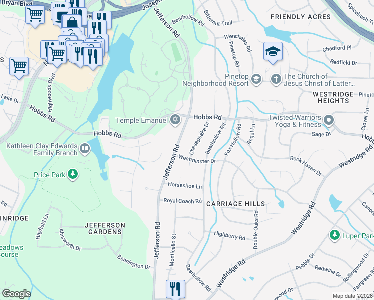 map of restaurants, bars, coffee shops, grocery stores, and more near 1126 Jefferson Road in Greensboro