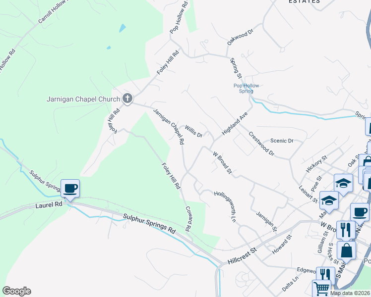 map of restaurants, bars, coffee shops, grocery stores, and more near 124 Jarnigan Chapel Road in Clinton