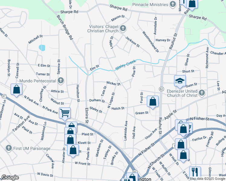map of restaurants, bars, coffee shops, grocery stores, and more near 428 North Logan Street in Burlington