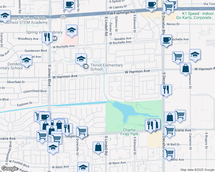 map of restaurants, bars, coffee shops, grocery stores, and more near 5415 West Harmon Avenue in Las Vegas