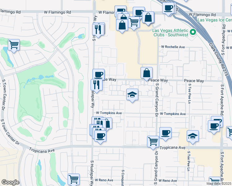 map of restaurants, bars, coffee shops, grocery stores, and more near 10001 Peace Way in Las Vegas