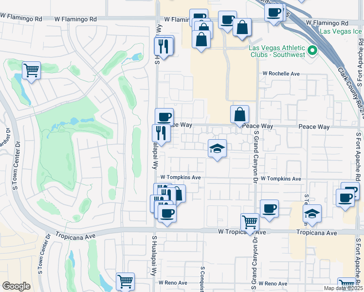 map of restaurants, bars, coffee shops, grocery stores, and more near 10001 Peace Way in Las Vegas