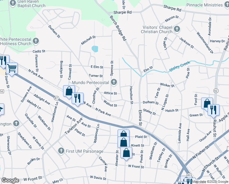 map of restaurants, bars, coffee shops, grocery stores, and more near 1013 Attica Street in Burlington