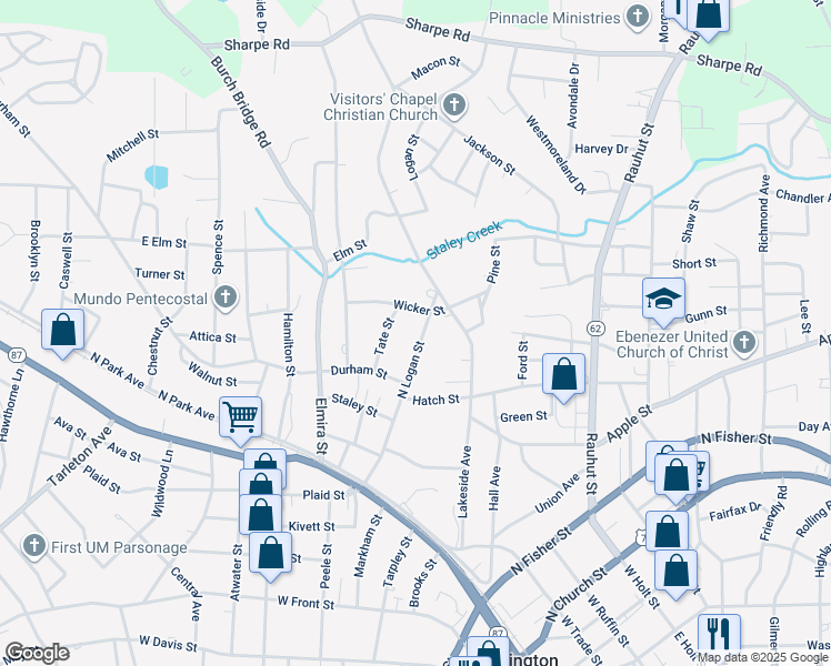 map of restaurants, bars, coffee shops, grocery stores, and more near 428 North Logan Street in Burlington